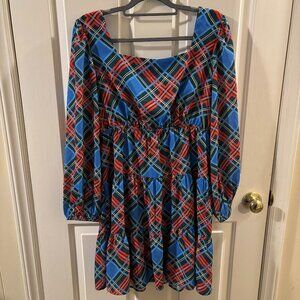 Simply Southern Women's Blue/Red Plaid Long Sleeve Tiered Mini Dress ~ NWT ~ S